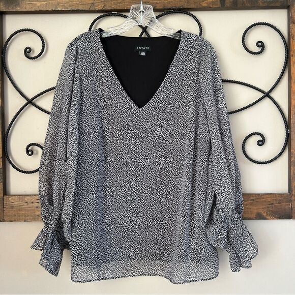 1. State Black White Balloon Long Sleeve Peasant Cottagecore Career Blouse SZ M - Picture 1 of 11